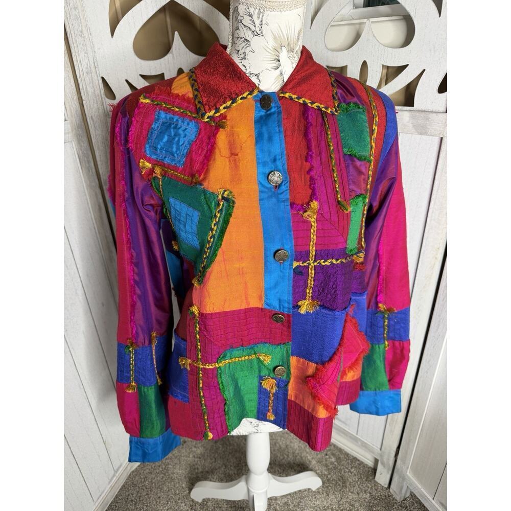 Vintage Coldwater Creek Silk Patchwork COLORFUL Blazer Button Down Top Medium